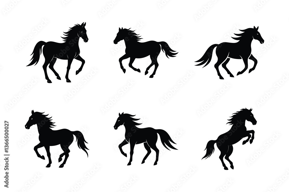 Fototapeta premium A set of six Mustang horse vector silhouette designs. Simple collection. Isolated bundle on white background.