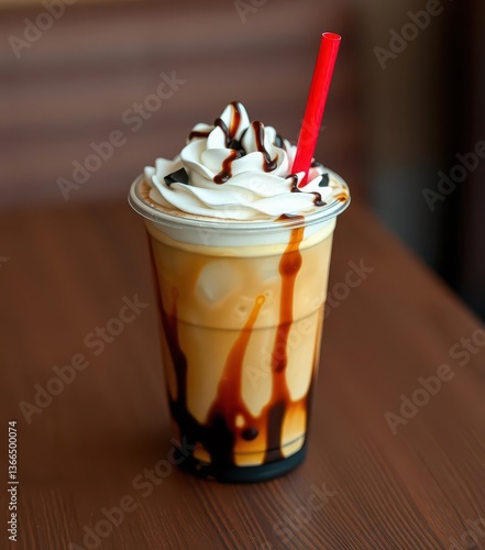 Iced coffee drink with whipped cream and chocolate drizzle in disposable cup on wood, chocolate, white
