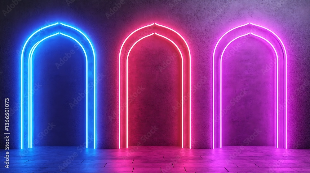 Fototapeta premium Three glowing neon arches of varied radiant and bright colors