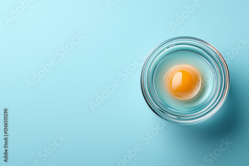 Egg in Bowl: A raw egg, vibrant yolk centered in a glass bowl, floating on clear water, capturing the essence of freshness and culinary simplicity.