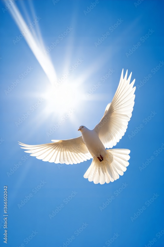 Fototapeta premium White dove flying against a bright blue sky 