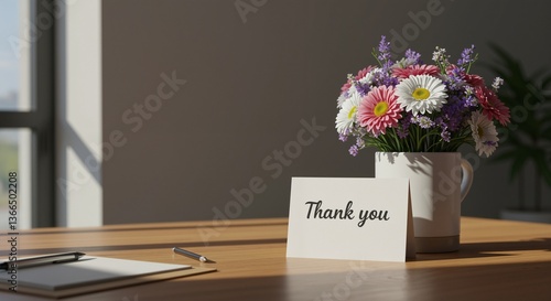 Beautiful bouquet of colorful flowers in a pot with a thank you note on a wooden desk conveying gratitude and appreciation, soft sunlight filtering through a window in a calm office setting