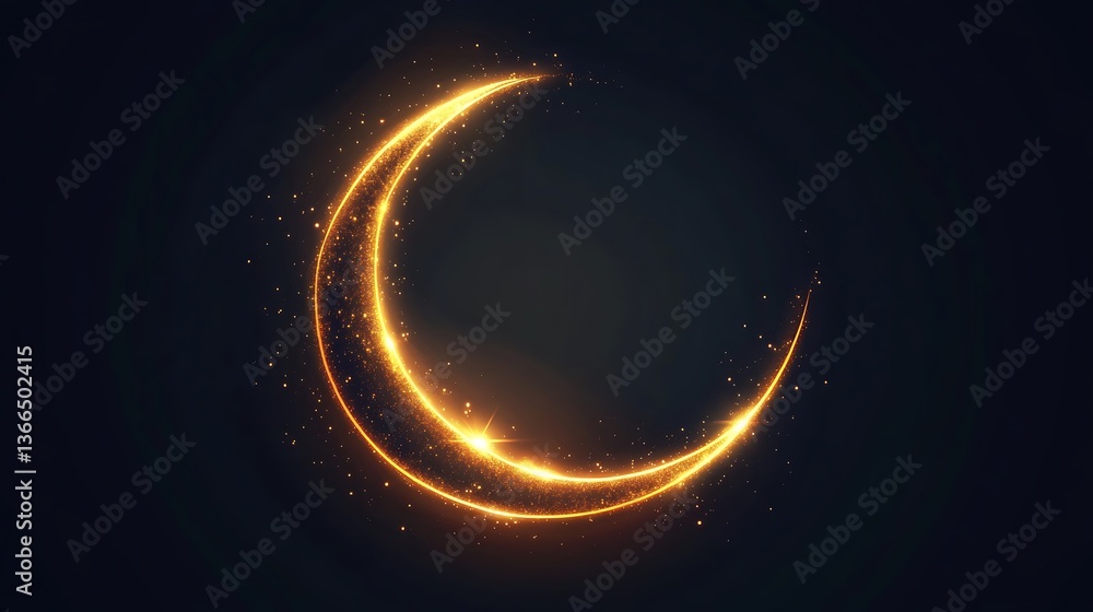 Glowing golden crescent moon with tiny illuminated sparkles in darkness Glowing golden crescent moon with tiny illuminated sparkles in darkness