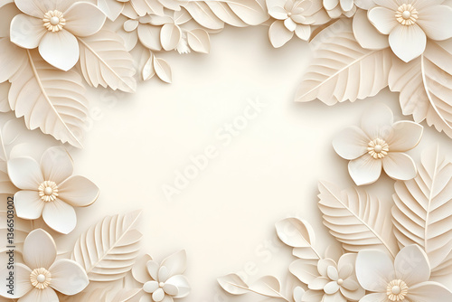 Elegant off-white floral frame with paper flowers and leaves on cream background