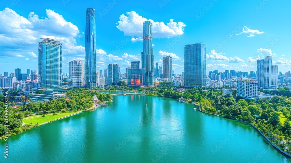 Obraz premium Stunning Cityscape: Modern Towers Reflecting on a Serene Lake