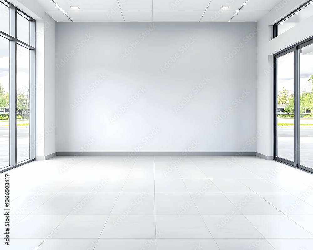 Obraz premium Empty modern room with large windows and white walls, ideal for retail or office space