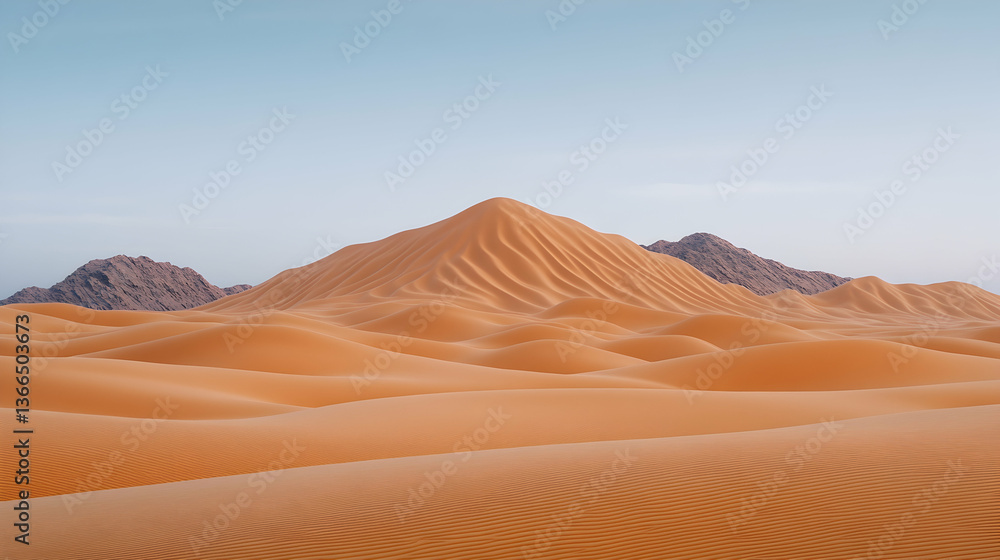 Expansive desert landscape with rolling sand dunes and distant mountains under a clear sky Expansive desert landscape with rolling sand dunes and distant mountains under a clear sky