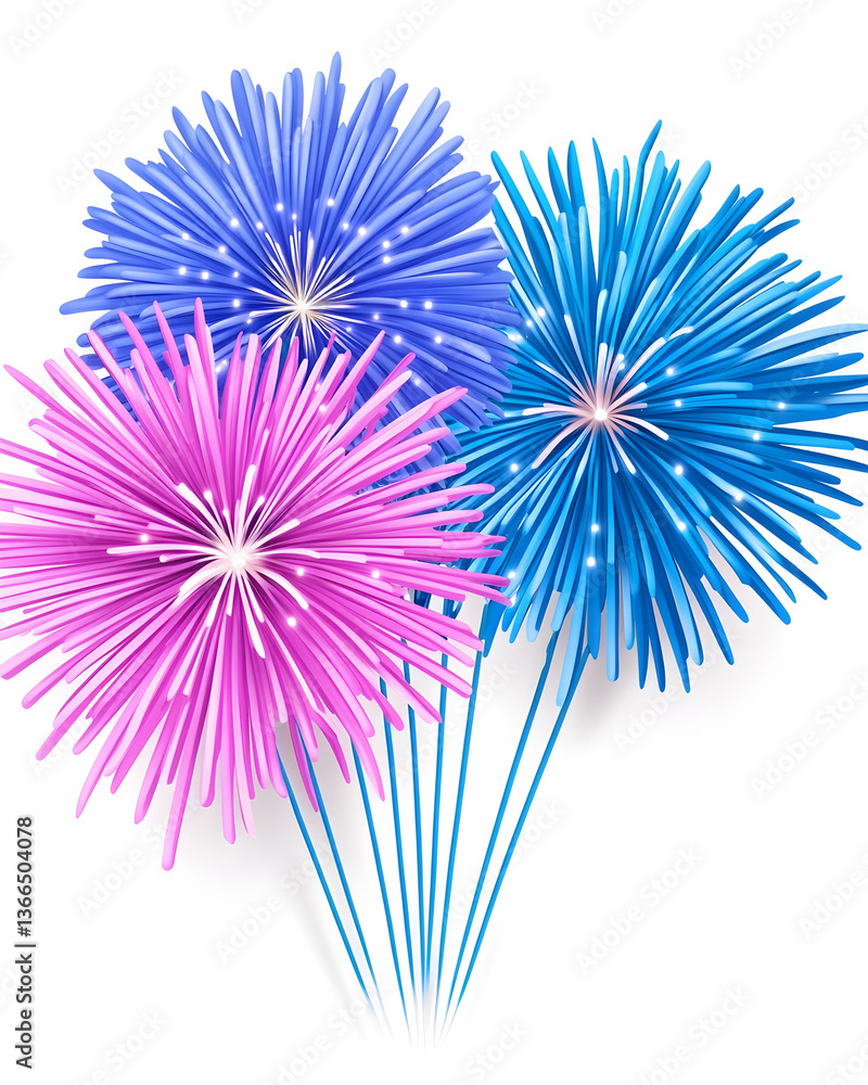 Naklejka premium Festive pink, blue, and purple fireworks bursts on white background
