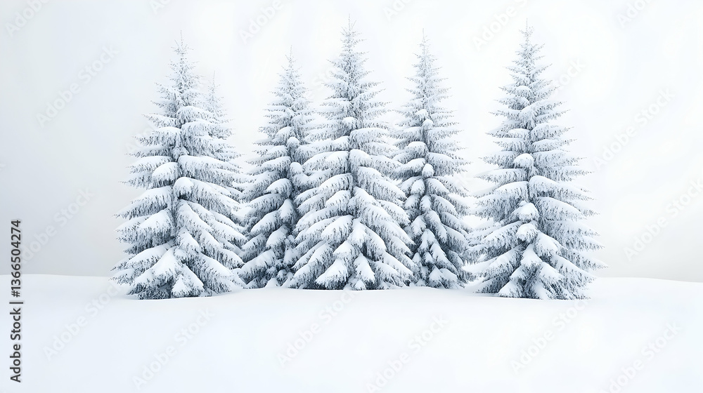 Five snow-laden evergreens stand in a pristine winter landscape Five snow-laden evergreens stand in a pristine winter landscape