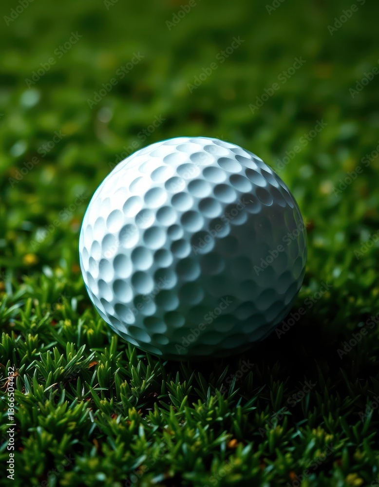 Fototapeta premium A pristine white golf ball rests on a lush green putting surface, macro, fun