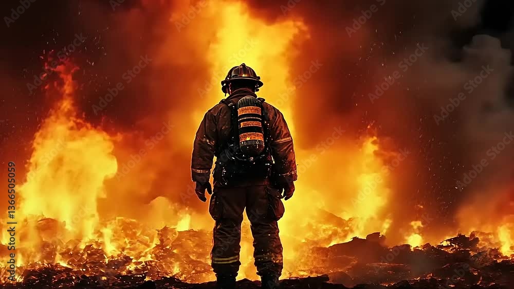 Firefighter stands against raging flames at night Firefighter stands against raging flames at night