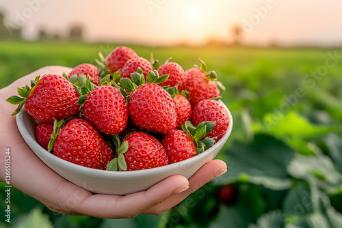 Freshly picked strawberries in a bowl, held in hand against a sunlit field