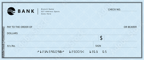 Blue Bank check, vector blank money cheque, checkbook template with guilloche pattern and fields. Currency payment coupon, money check background