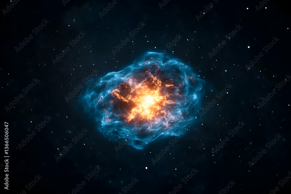 Obraz premium Glowing nebula in space; fiery core, blue wisps