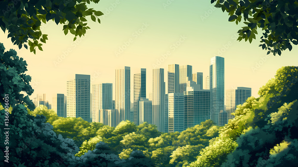 Fototapeta premium Recycling carbon climate transformation concept. a lush green forest contrasts with a modern city skyline, showcasing nature's beauty amid urban development. Lush Transformation. Illustration