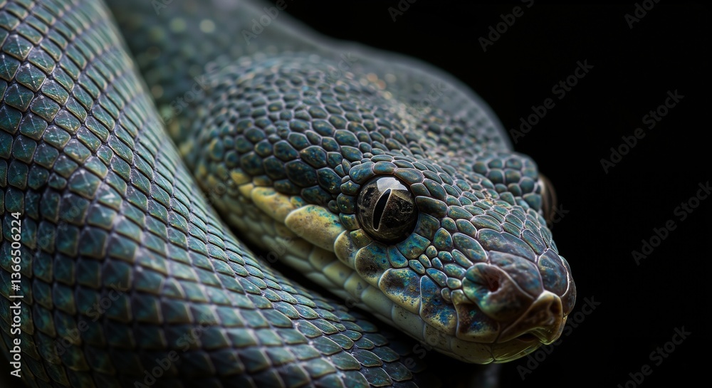 Fototapeta premium Elegant green snake showcasing intricate scales and gleaming eyes, exuding a serene yet captivating atmosphere, resting gracefully against a dark backdrop