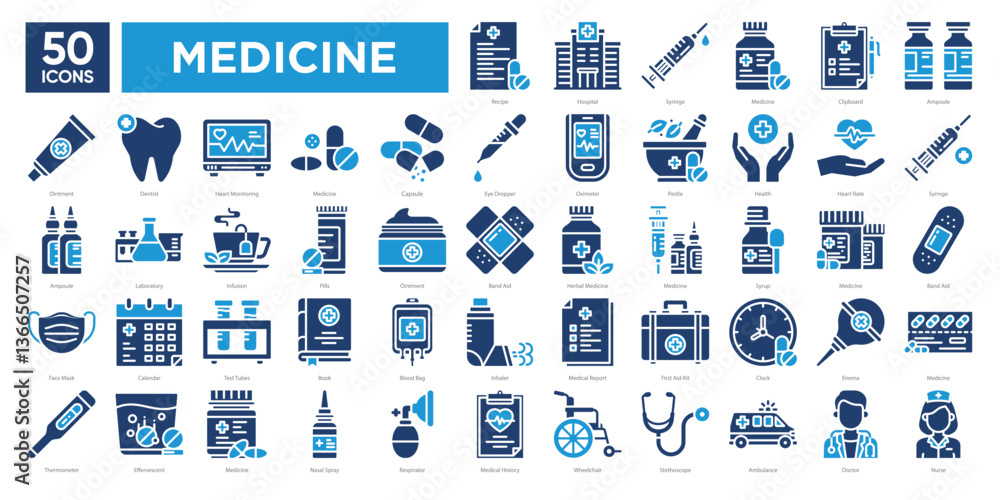 Obraz premium Medicine icon collection set, including healthcare, medical equipment, treatment, and pharmacy essentials. Perfect for medical infographics, hospital materials, and healthcare applications.