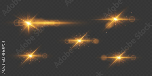 Set of stars and effects, flash of light and lenses. On a transparent background.
