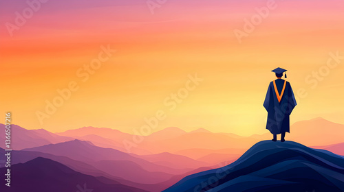 Graduate standing on mountaintop at sunrise, facing future