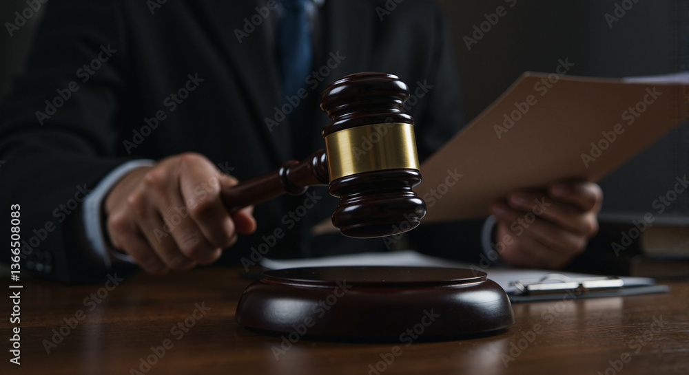 Judge holding gavel and documents in courtroom setting Judge holding gavel and documents in courtroom setting