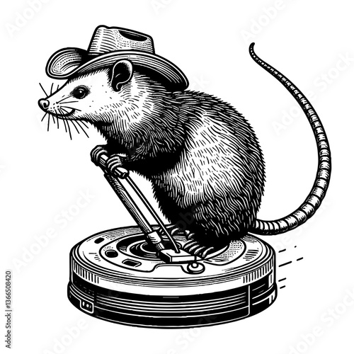 possum wearing a cowboy hat, riding a robotic vacuum cleaner like a mechanical bull at a rodeo engraving generative ai sketch PNG illustration