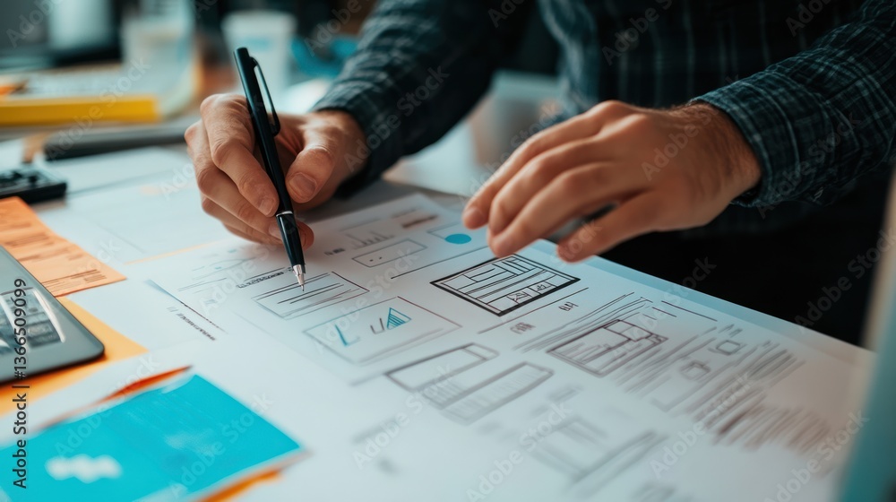 Person sketching website mockups on paper with a pen Person sketching website mockups on paper with a pen