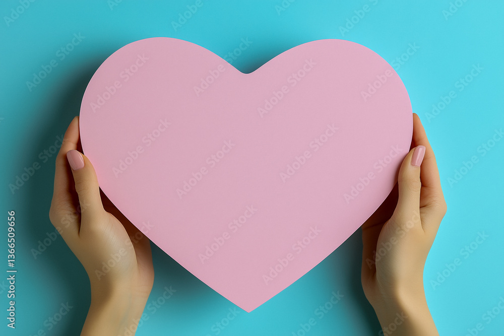 Close-up of two hands holding a pink heart shape against a blue background. Close-up of two hands holding a pink heart shape against a blue background.
