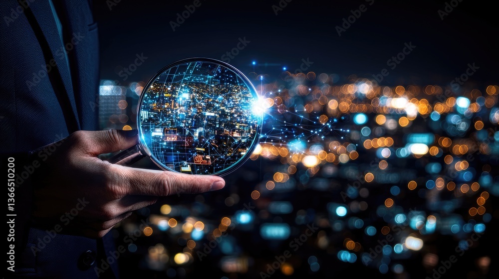 Fototapeta premium Man holds lens with cityscape reflecting in it, representing future technology at night