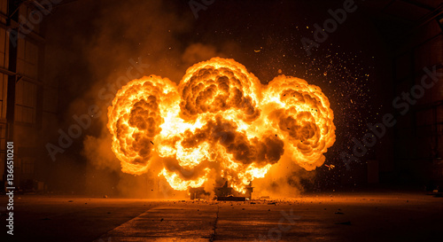 Explosion in industrial setting with fiery clouds