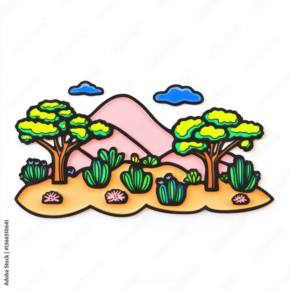 Fototapeta premium Colorful cartoon illustration of desert landscape with cacti, trees and mountains under a bright blue sky