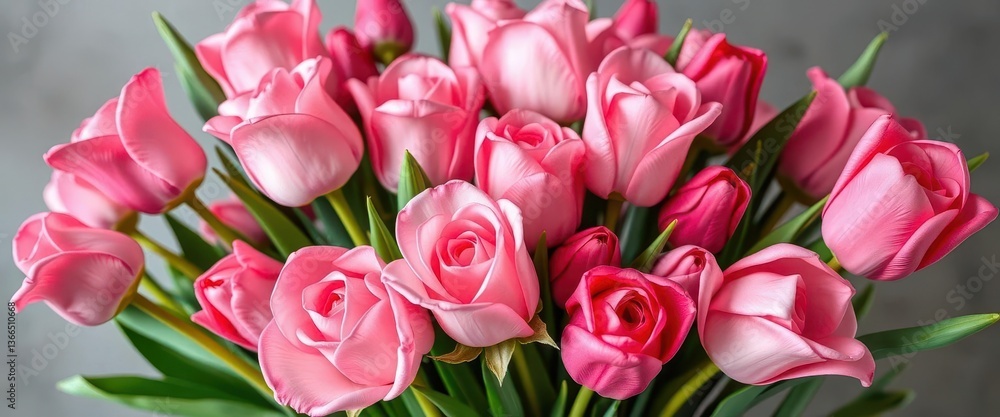 Fototapeta premium A breathtaking bouquet of pink roses and tulips, long stems, lush blooms, romantic bouquet, spring flowers, floral backdrop