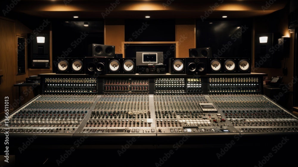 Professional Recording Studio Control Room with Large Mixing Console and Studio Monitors Professional Recording Studio Control Room with Large Mixing Console and Studio Monitors