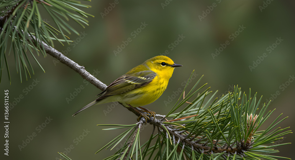 Vibrant yellow-rumped warbler perched elegantly on a pine branch in forest Vibrant yellow-rumped warbler perched elegantly on a pine branch in forest