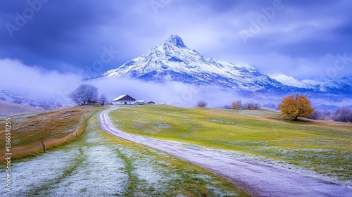Serene Mountain Landscape: A Frosty Path Leads to a Secluded Cabin Nestled in the Swiss Alps