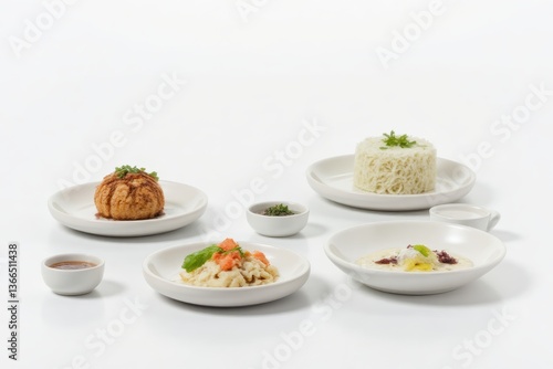 Elegant Plated Gourmet Dishes: Fusion Cuisine with Rice, Pasta, and Savory Dumplings, Culinary Art, White Background, Fine Dining