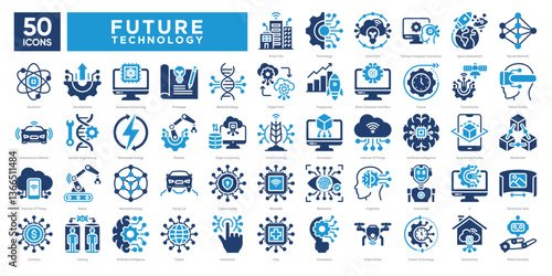 Future technology icon collection set, including AI, robotics, quantum computing, smart cities, and biotechnology. Perfect for tech presentations, infographics, and innovation projects.