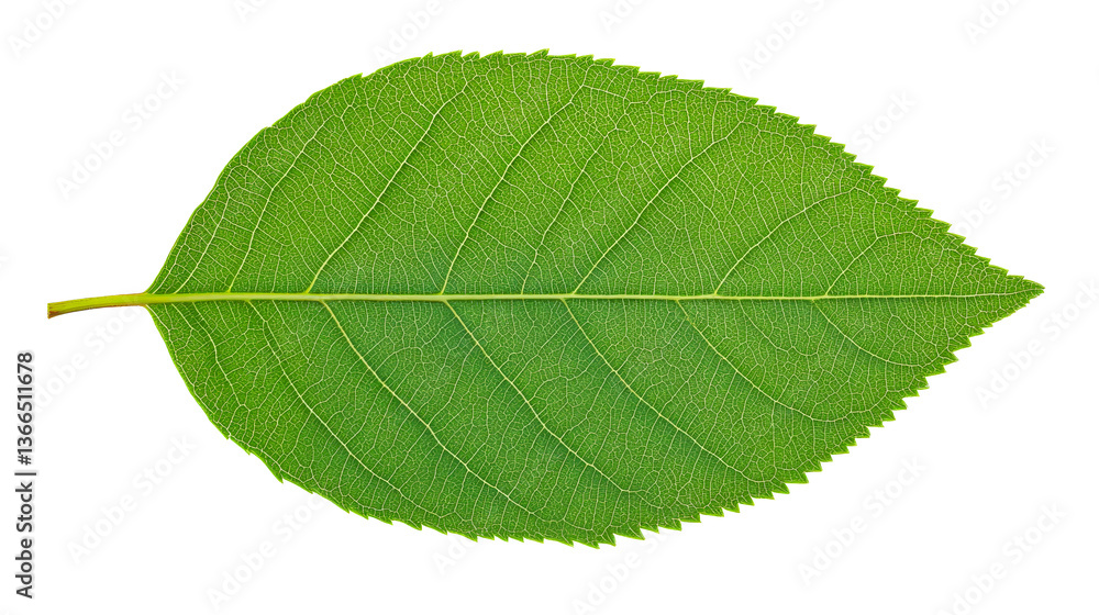 Obraz premium Detailed green leaf close up, veins are visible, isolated, cut out transparent