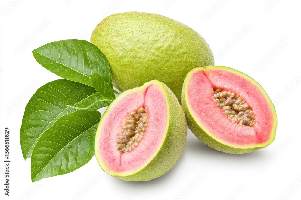 Pink guava fruit halves with leaves Pink guava fruit halves with leaves