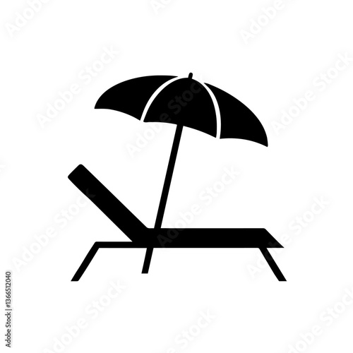 Black silhouette of beach chair , a deckchair with umbrella positioned above, leisure relaxation, tropical vacation, seaside holiday, beach relaxation, summer vacation, and leisure