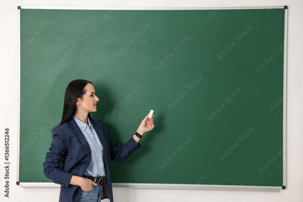 English teacher near chalkboard in classroom. Space for text English teacher near chalkboard in classroom. Space for text
