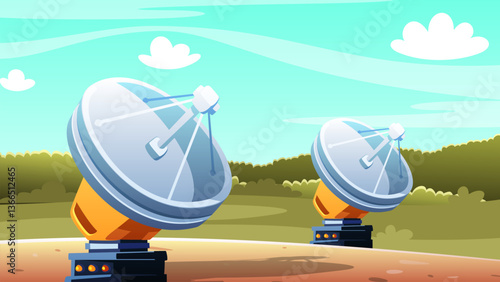 Adobe IllustratA vector cartoon illustration of two radio telescopes in a picturesque mountainous landscape. Bright colors and simple shapes give it a playful look, with green and brown mounor Artwork