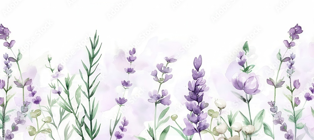 Naklejka premium Botanical Watercolor Birthday Border with Lavender Flowers for Spring Designs