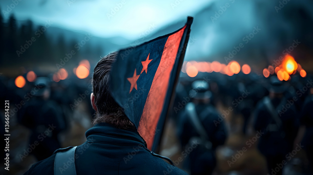 Fototapeta premium Soldier Holding a Flag at Night During a Military Event