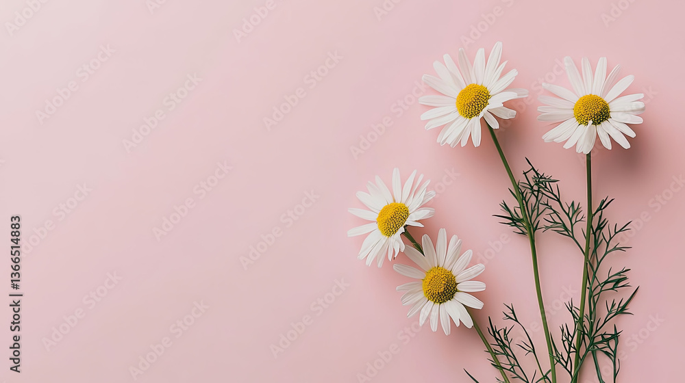 Minimal styled concept. White daisy chamomile flowers on pale pink background. Creative lifestyle, summer, spring concept. Copy space, flat lay, top view. Minimal styled concept. White daisy chamomile flowers on pale pink background. Creative lifestyle, summer, spring concept. Copy space, flat lay, top view.