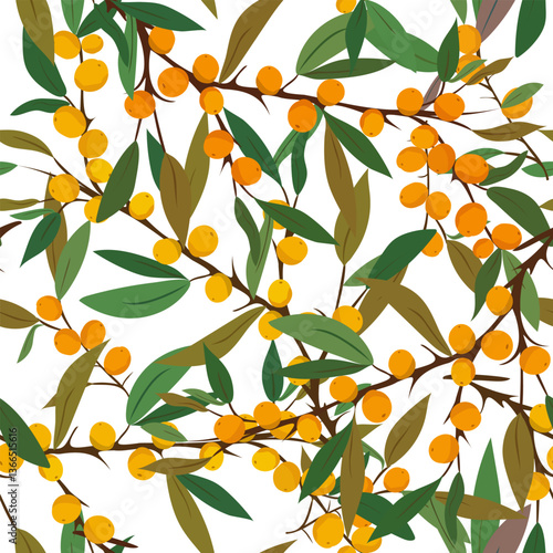 seamless summer pattern: green leaves and yellow sea buckthorn berries. botanical vector design for textile, wrapping, and natural decor