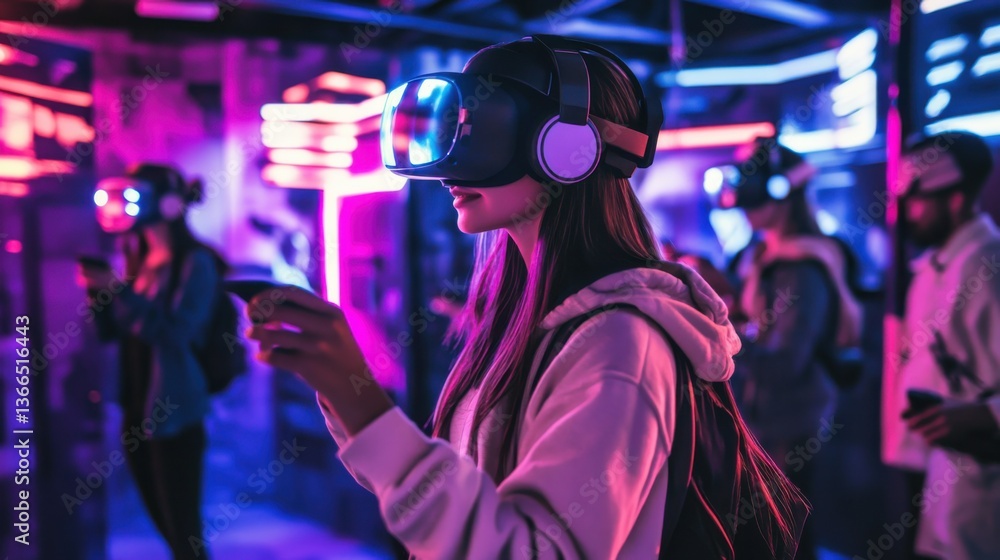 A high tech VR gaming arena, futuristic space with immersive holographic displays, Cyberpunk style A high tech VR gaming arena, futuristic space with immersive holographic displays, Cyberpunk style