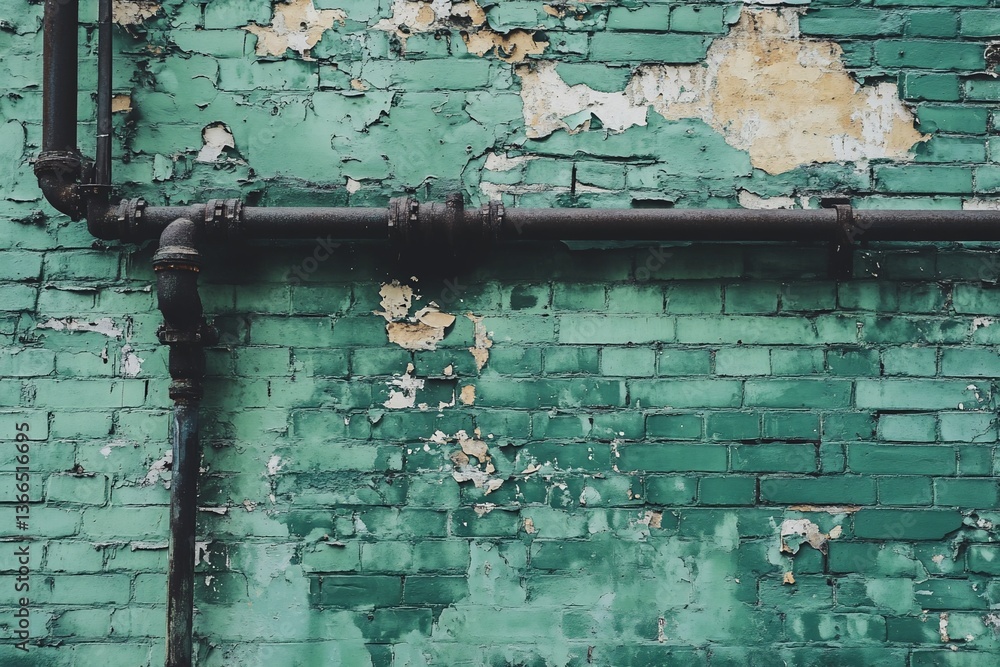 Naklejka premium Weathered teal brick wall with aged metal pipes.