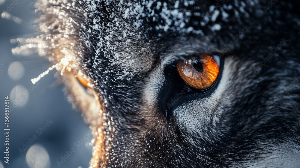 Close-up of a wolf's eye with frost on its fur. Close-up of a wolf's eye with frost on its fur.