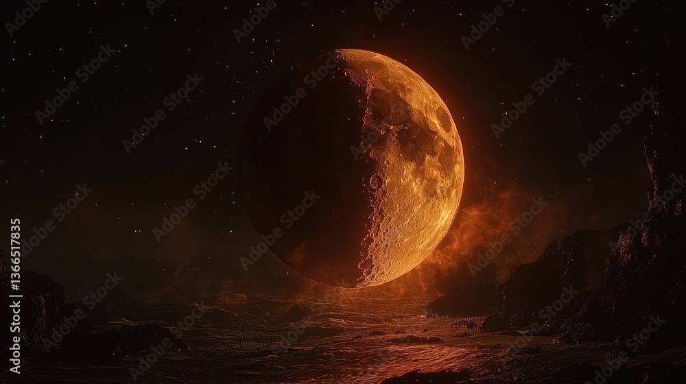 Obraz premium Fiery moon over alien landscape