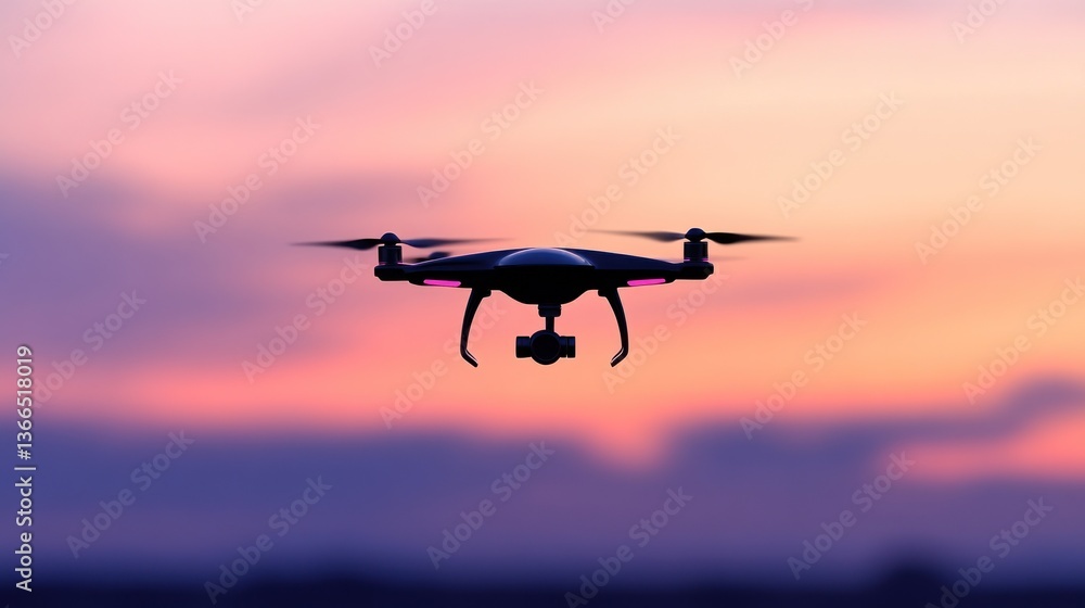 Fototapeta premium A drone silhouetted against a vibrant sunset sky perfect for technology and nature themes